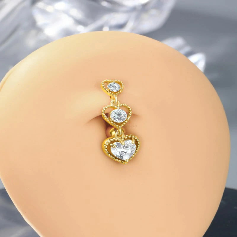Triple Heart Dangle Belly Button Rings 14G Reverse Navel Rings Dangly Cute Belly