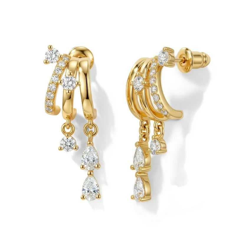 Triple Huggie Stacked Earrings Gold Chain Drop Dangle Earrings Cute Statement CZ Earrings