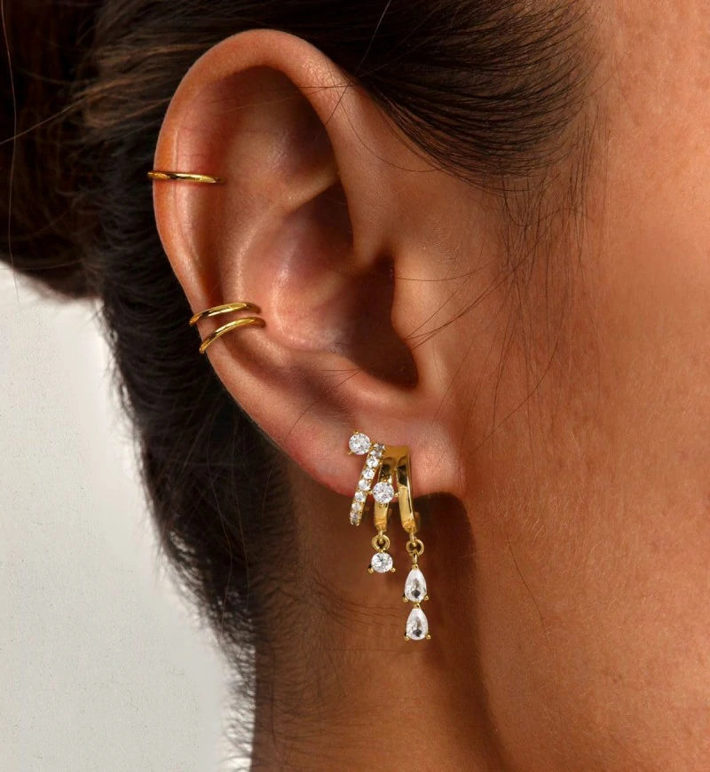 Triple Huggie Stacked Earrings Gold Chain Drop Dangle Earrings Cute Statement CZ Earrings