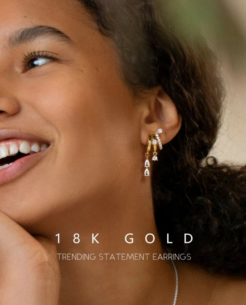 Triple Huggie Stacked Earrings Gold Chain Drop Dangle Earrings Cute Statement CZ Earrings