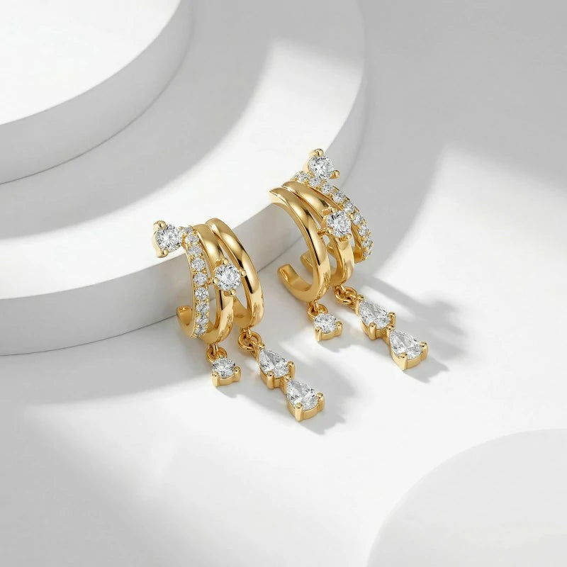 Triple Huggie Stacked Earrings Gold Chain Drop Dangle Earrings Cute Statement CZ Earrings