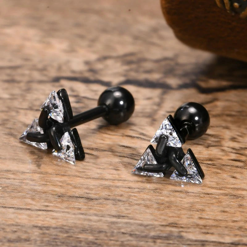 Unisex Geometric Triangle Stud Earrings, Stainless Steel Minimalist Cubic Zirconia Pierced Post Earrings