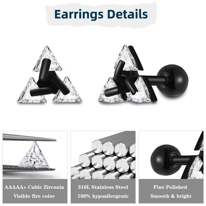 Unisex Geometric Triangle Stud Earrings, Stainless Steel Minimalist Cubic Zirconia Pierced Post Earrings