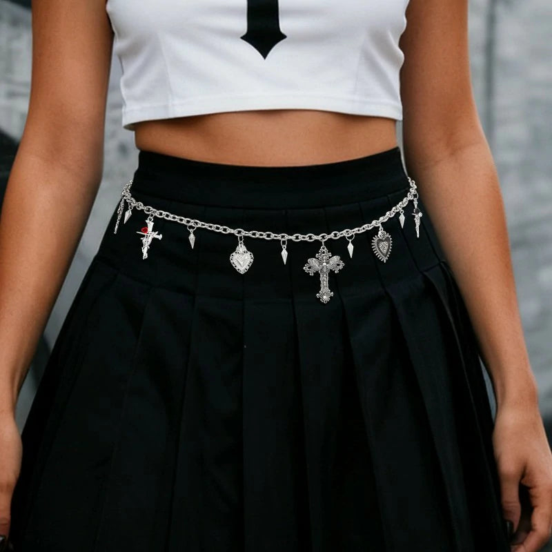 Waist Chain Y2k Silver Cross Heart Belt Women Charms Skeleton Punk Body Chain for Pants and Dress