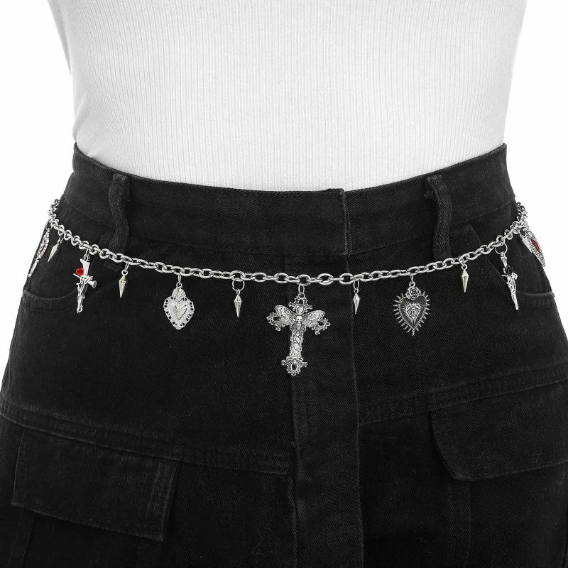 Waist Chain Y2k Silver Cross Heart Belt Women Charms Skeleton Punk Body Chain for Pants and Dress