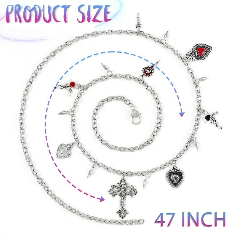 Waist Chain Y2k Silver Cross Heart Belt Women Charms Skeleton Punk Body Chain for Pants and Dress
