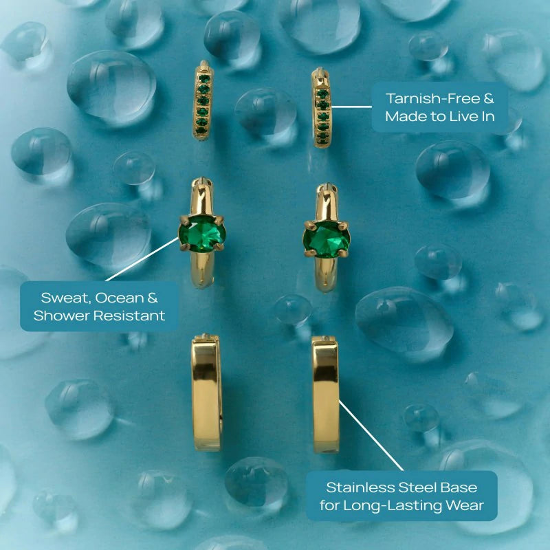 Waterproof Huggie Hoop Earrings Set Stainless Steel Pack of 3 with Cubic Zirconia