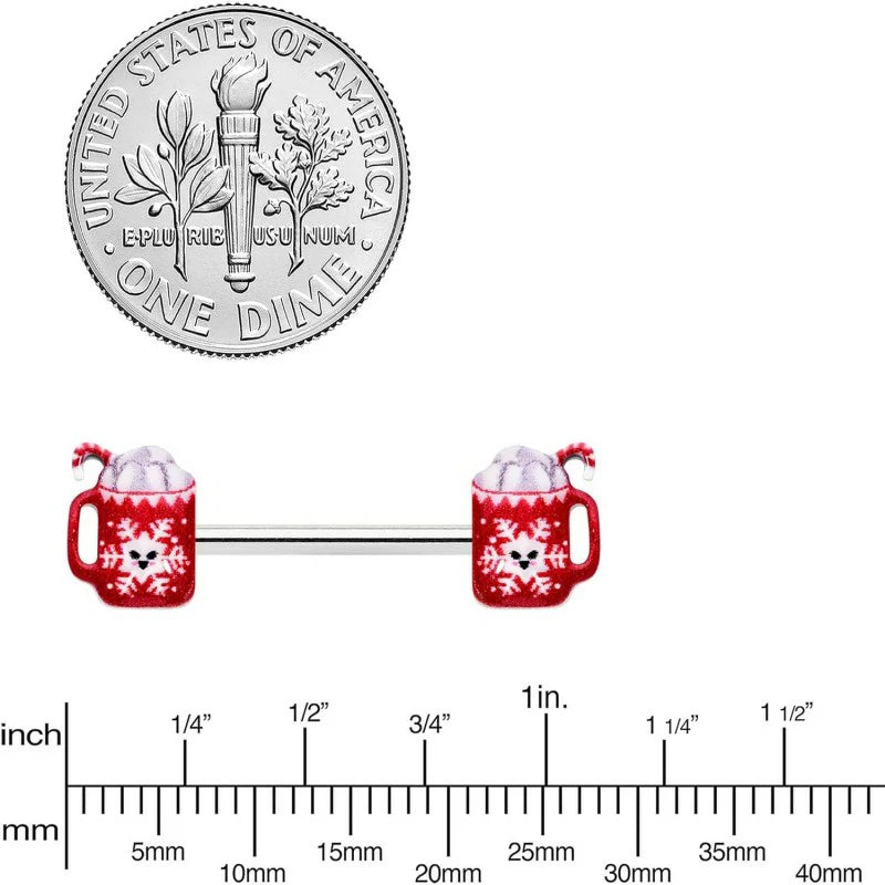 Winter Holiday 14G 2Pc Christmas Hot Cocoa Snowflake Red Nipple Ring
