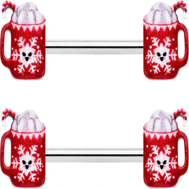 Winter Holiday 14G 2Pc Christmas Hot Cocoa Snowflake Red Nipple Ring
