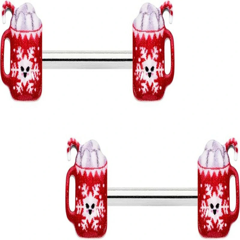 Winter Holiday 14G 2Pc Christmas Hot Cocoa Snowflake Red Nipple Ring