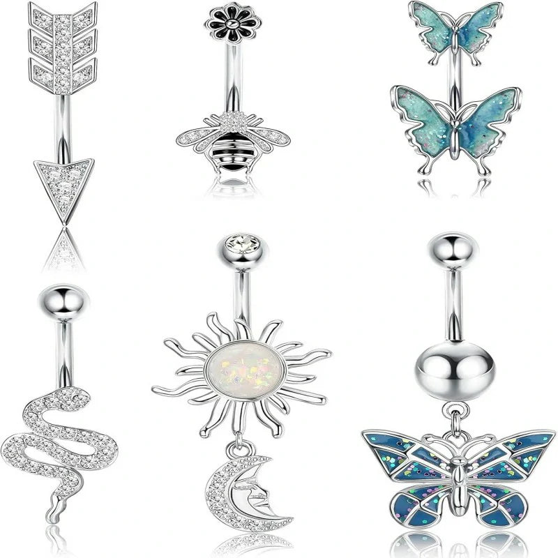 Belly Buton Rings Surgical Stainless Steel Belly Button Ring Dangle Belly Button Rings Butterfly Cubic Zirconia Navel Barbell Body Piercing