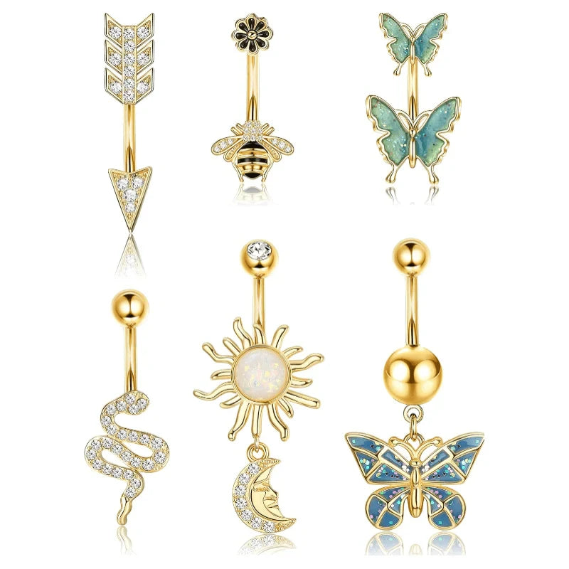 Belly Buton Rings Surgical Stainless Steel Belly Button Ring Dangle Belly Button Rings Butterfly Cubic Zirconia Navel Barbell Body Piercing
