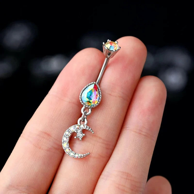 Dangle Belly Button Ring 14G Moon Dangly Belly Navel Rings Belly Piercing Jewelry Dangling Stainless Steel