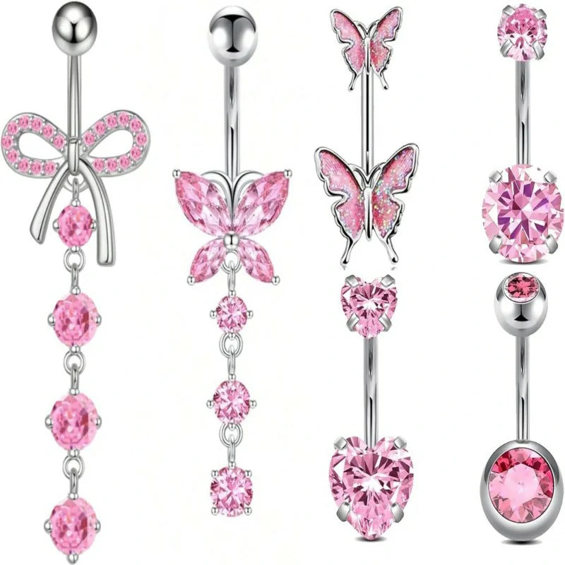 Surgical Stainless Steel Belly Button Rings Pink Piercing Jewelry Dangling Belly Ring Pack