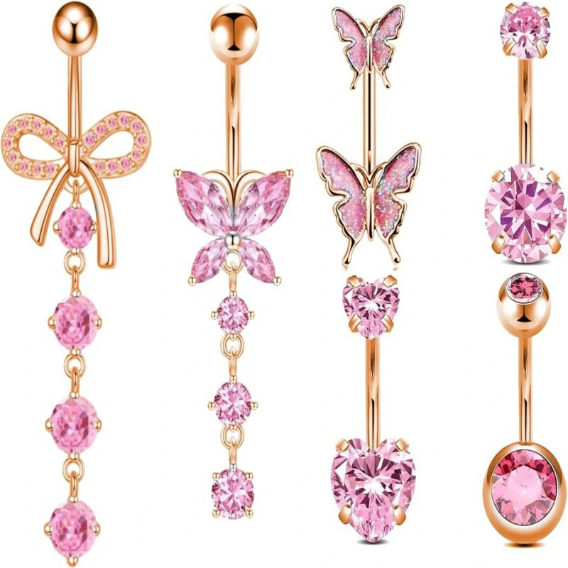 Surgical Stainless Steel Belly Button Rings Pink Piercing Jewelry Dangling Belly Ring Pack