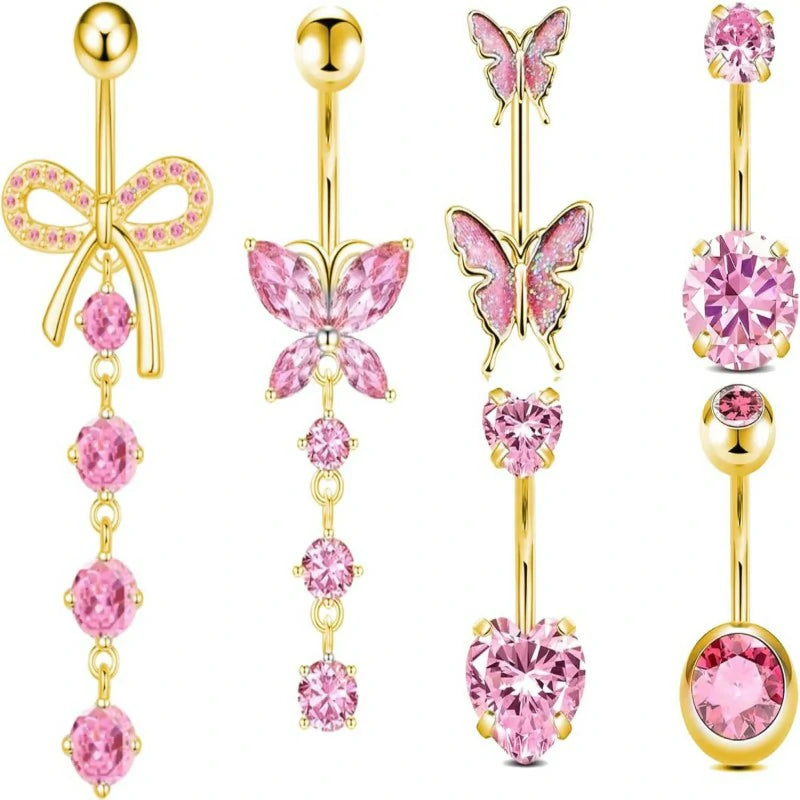 Surgical Stainless Steel Belly Button Rings Pink Piercing Jewelry Dangling Belly Ring Pack