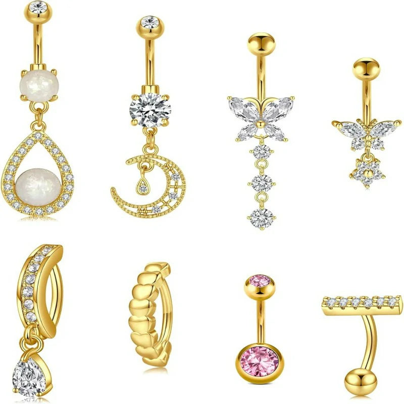 Belly Button Rings 14G Surgical Steel Belly Rings CZ Opal Navel Piercing Jewelry