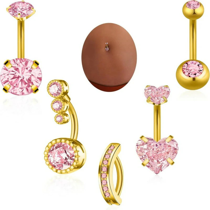 Gold Plated Silver Pink Clear CZ Belly Rings Heart Bow Flower Butterfly Teardrop Dangle