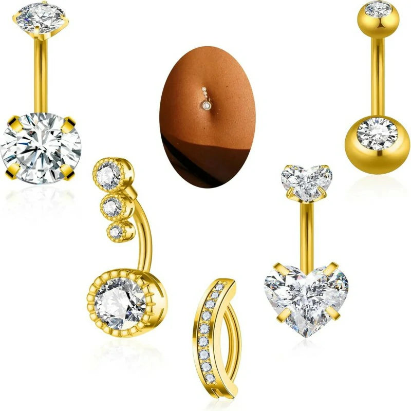 Gold Plated Silver Pink Clear CZ Belly Rings Heart Bow Flower Butterfly Teardrop Dangle