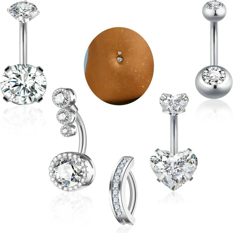 Gold Plated Silver Pink Clear CZ Belly Rings Heart Bow Flower Butterfly Teardrop Dangle