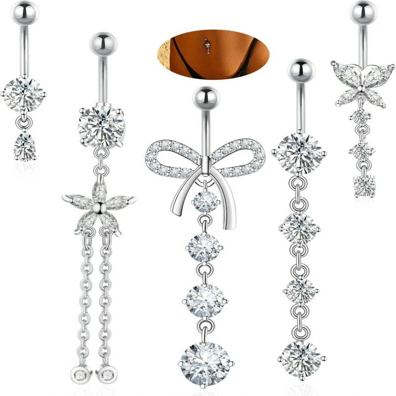 Gold Plated Silver Pink Clear CZ Belly Rings Heart Bow Flower Butterfly Teardrop Dangle