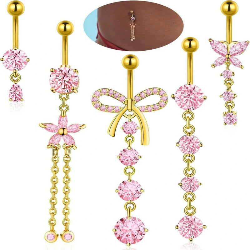 Gold Plated Silver Pink Clear CZ Belly Rings Heart Bow Flower Butterfly Teardrop Dangle