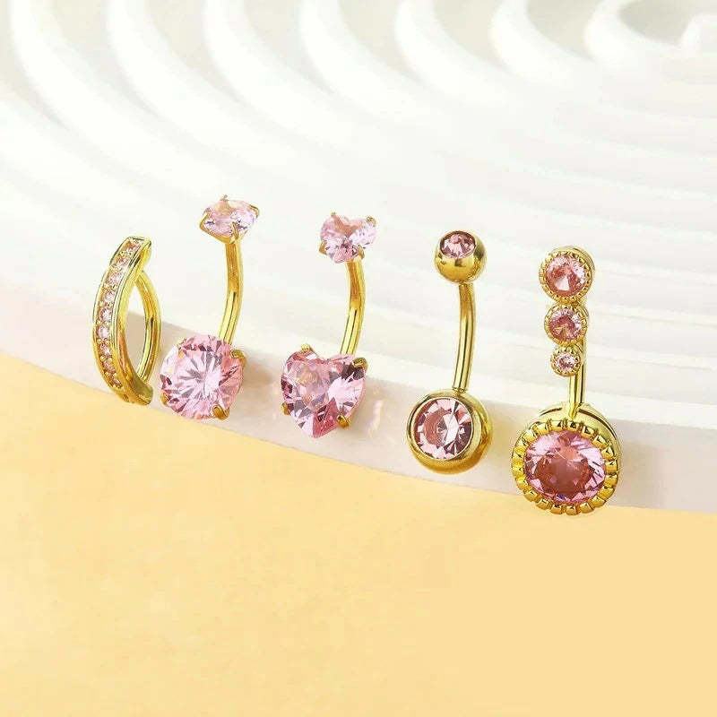 Gold Plated Silver Pink Clear CZ Belly Rings Heart Bow Flower Butterfly Teardrop Dangle