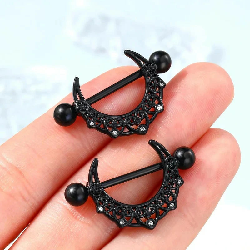 Black Moon Nipple Piercing 14G Stainless Steel 316L Heart Nipple Barbell
