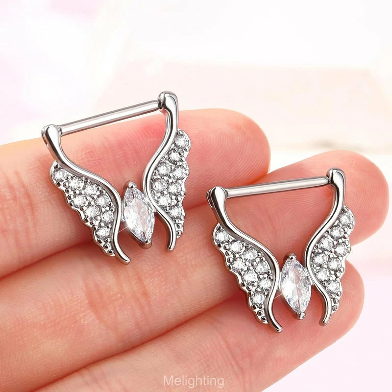 14G 316L 14MM Stainless Steel Butterfly Nipple Clicker Clear CZ Nipple Jewelry