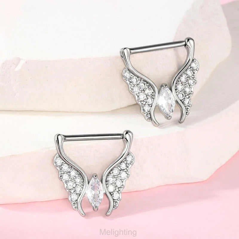 14G 316L 14MM Stainless Steel Butterfly Nipple Clicker Clear CZ Nipple Jewelry