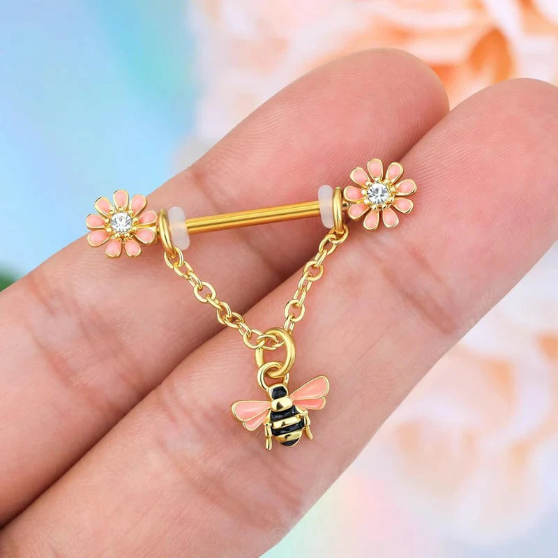 Chain Nipple Shield Rings Dainty Bee Nipple Piercing Barbells 14G Dangle Rings