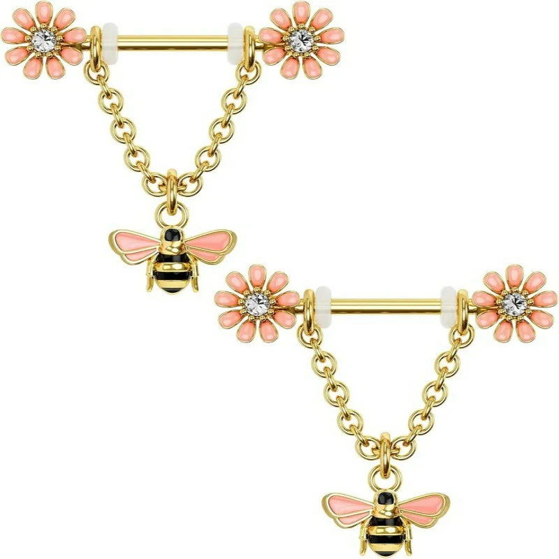 Chain Nipple Shield Rings Dainty Bee Nipple Piercing Barbells 14G Dangle Rings