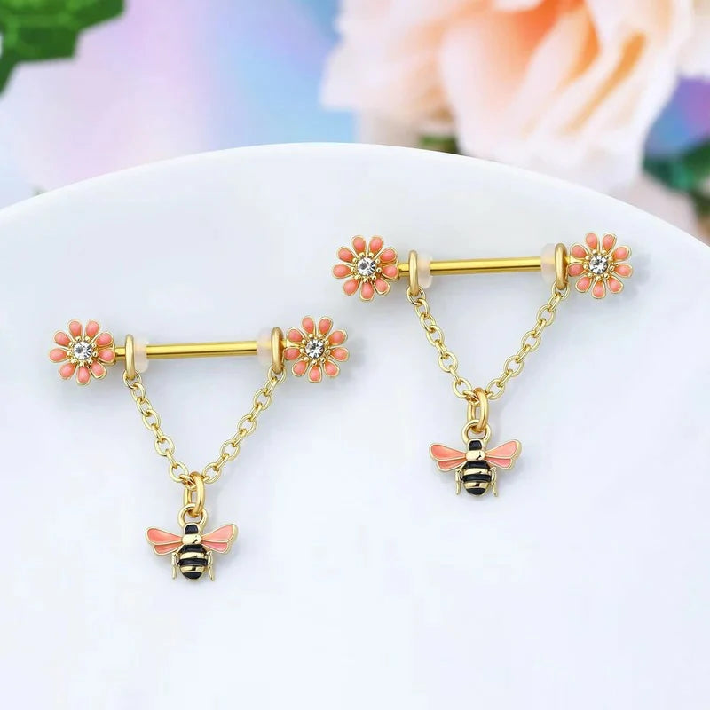 Chain Nipple Shield Rings Dainty Bee Nipple Piercing Barbells 14G Dangle Rings