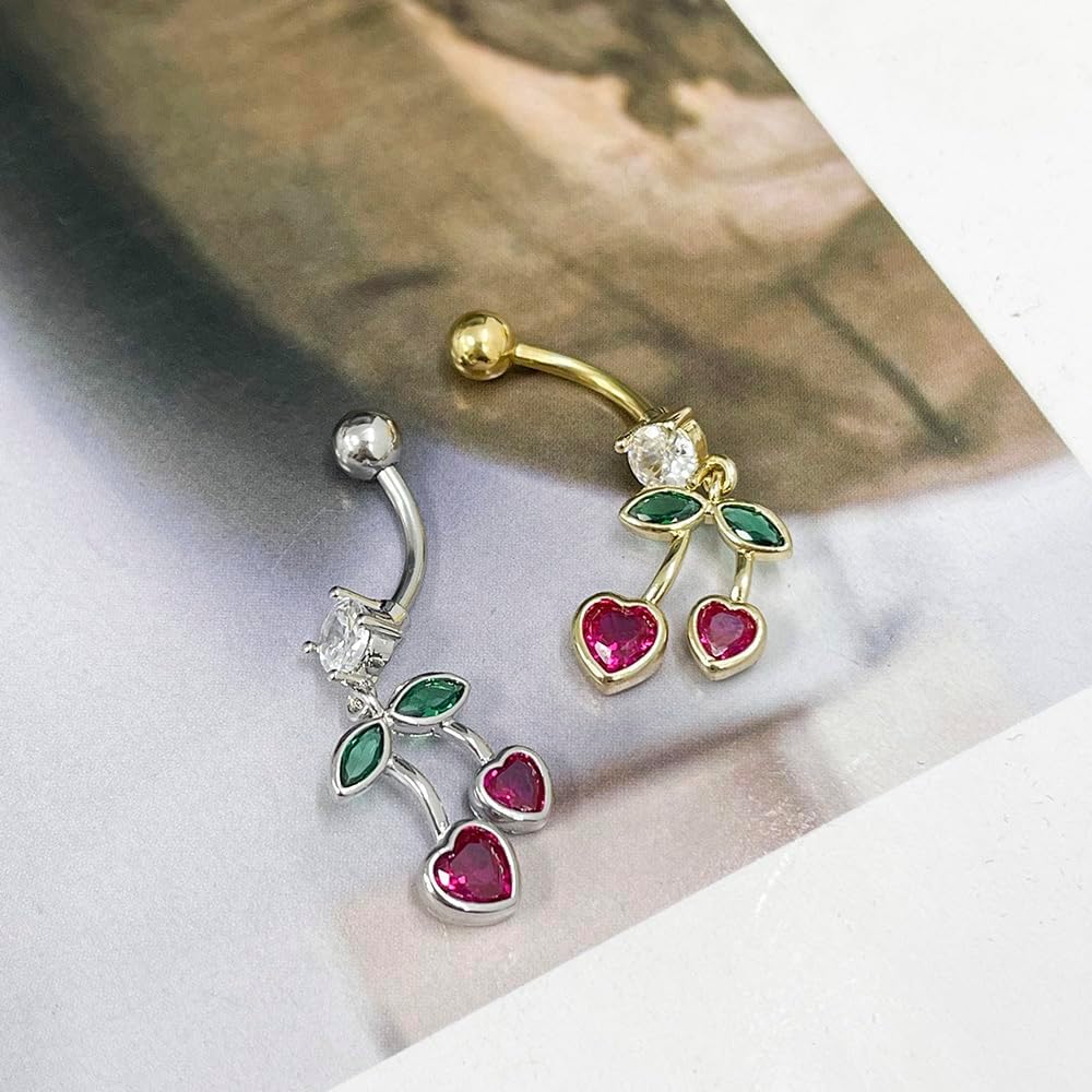 Cherry Dangle Belly Button Rings for Women 14G Stainless Steel Fruit Belly Navel Rings Internally Threaded Belly Barbell Dangling Belly Piercing Jewelry - 我的商店我的商店我的商店