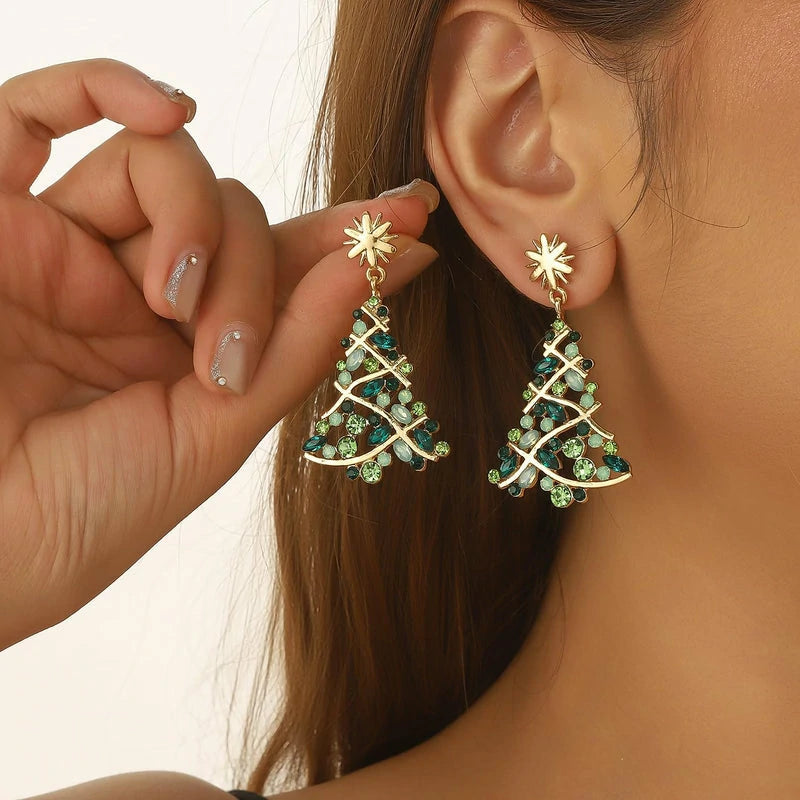 Christmas Earrings Xmas Tree Dangle Earrings Sparkling Crystal Jewelry Snowflake