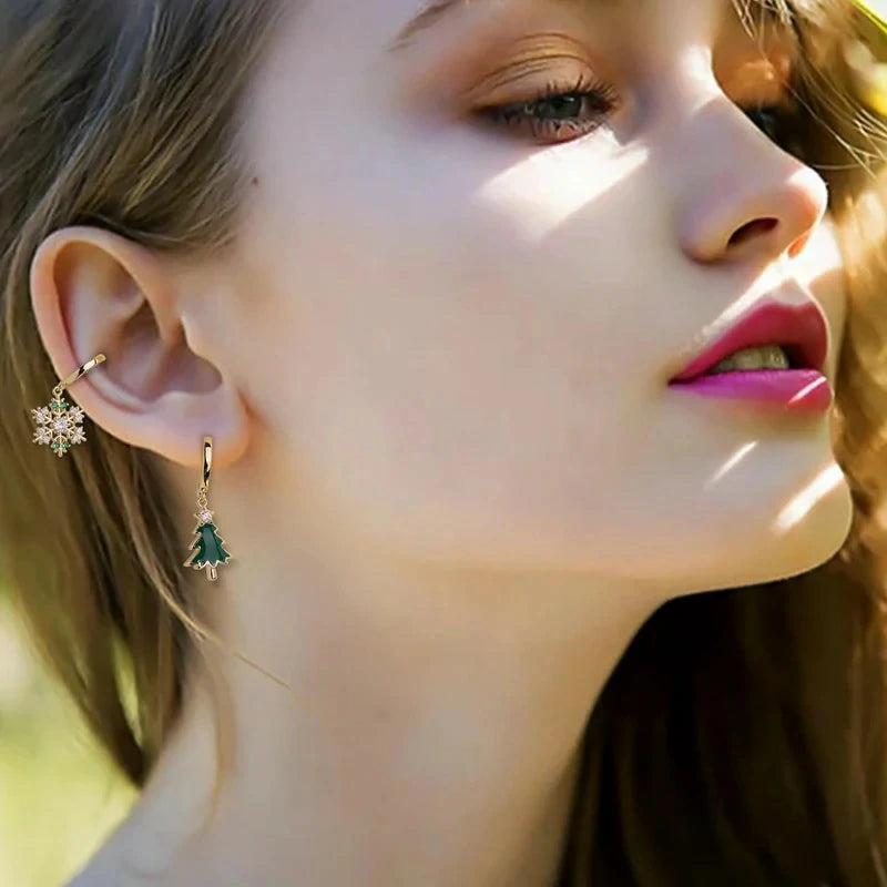 Christmas Tree Snowflake Dangle Drop Small Gold Hoop Earrings Cute Green CZ Rhinestone Snow Xmas