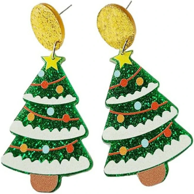 Christmas Tree Stud and Hoop Earrings Acrylic Drop Dangle Jewelry With Gold Star Green Tree  Santa Hat Cute Alpaca