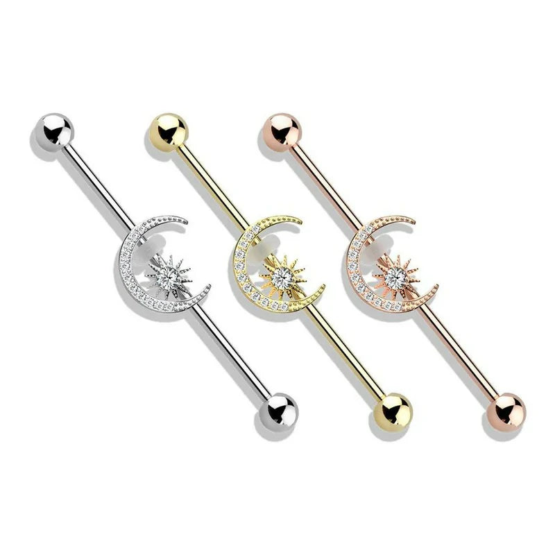 CZ Crystal Paved Crescent Moon and Star Stainless Steel Industrial Barbell