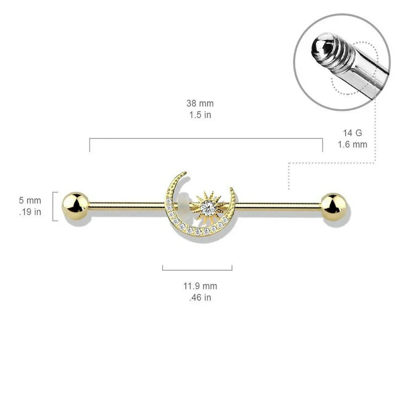 CZ Crystal Paved Crescent Moon and Star Stainless Steel Industrial Barbell