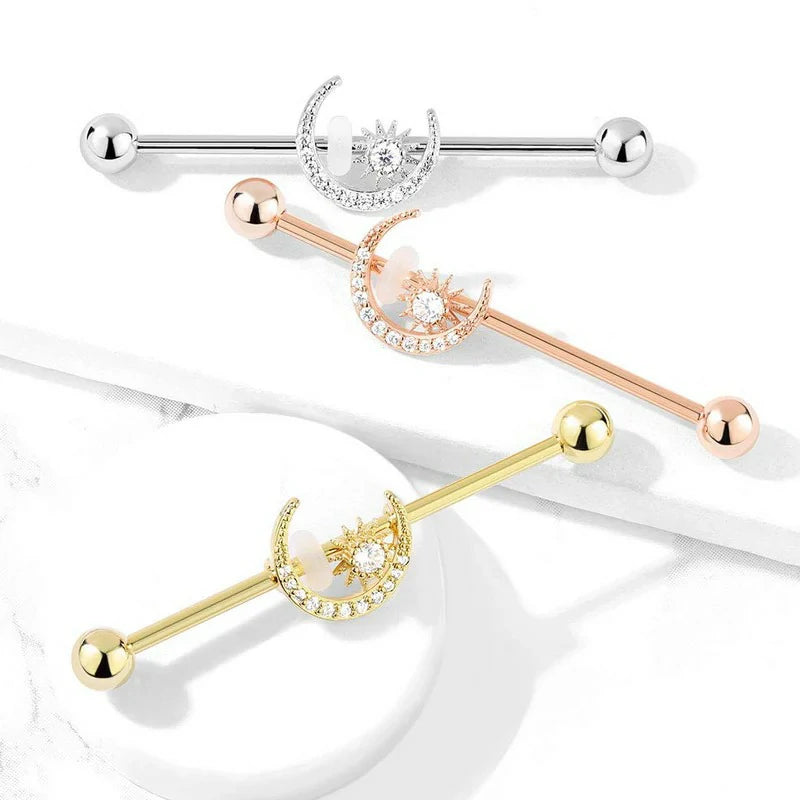 CZ Crystal Paved Crescent Moon and Star Stainless Steel Industrial Barbell