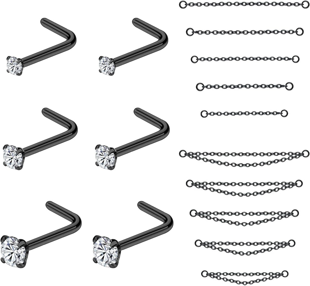CZ Studs with Chain Surgical Steel Nose Piercing Jewelry - QIAO CrystalQIAO CrystalQIAO Crystal
