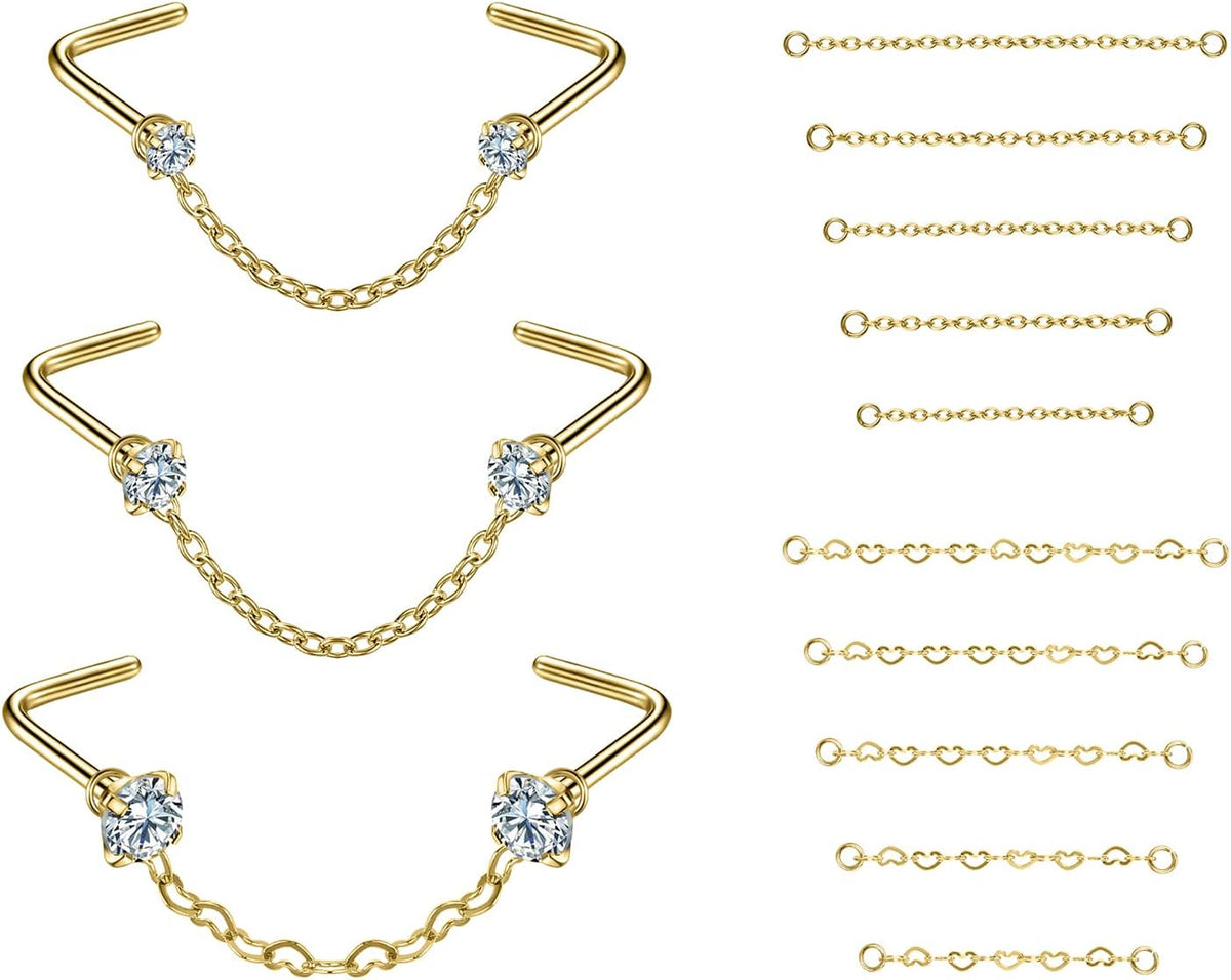 CZ Studs with Chain Surgical Steel Nose Piercing Jewelry - QIAO CrystalQIAO CrystalQIAO Crystal