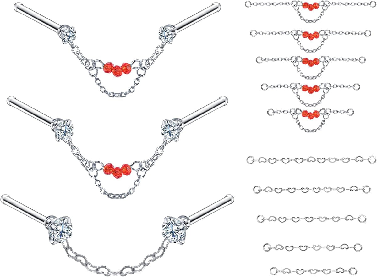 CZ Studs with Chain Surgical Steel Nose Piercing Jewelry - QIAO CrystalQIAO CrystalQIAO Crystal