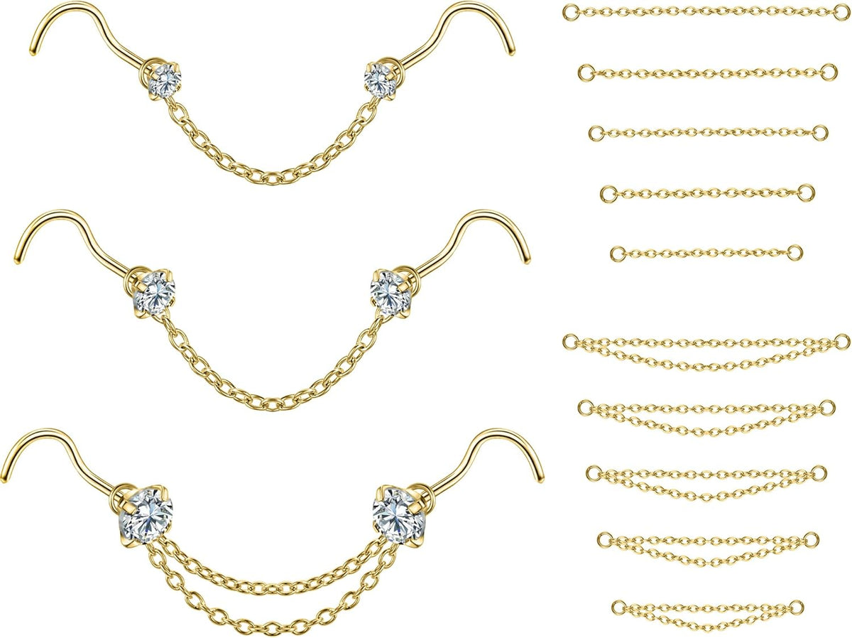 CZ Studs with Chain Surgical Steel Nose Piercing Jewelry - QIAO CrystalQIAO CrystalQIAO Crystal