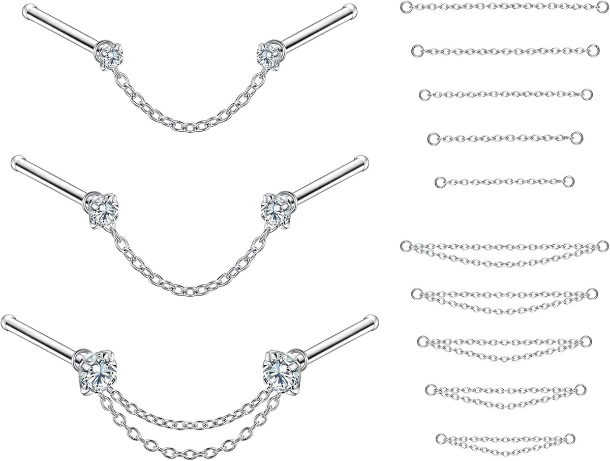 CZ Studs with Chain Surgical Steel Nose Piercing Jewelry - QIAO CrystalQIAO CrystalQIAO Crystal