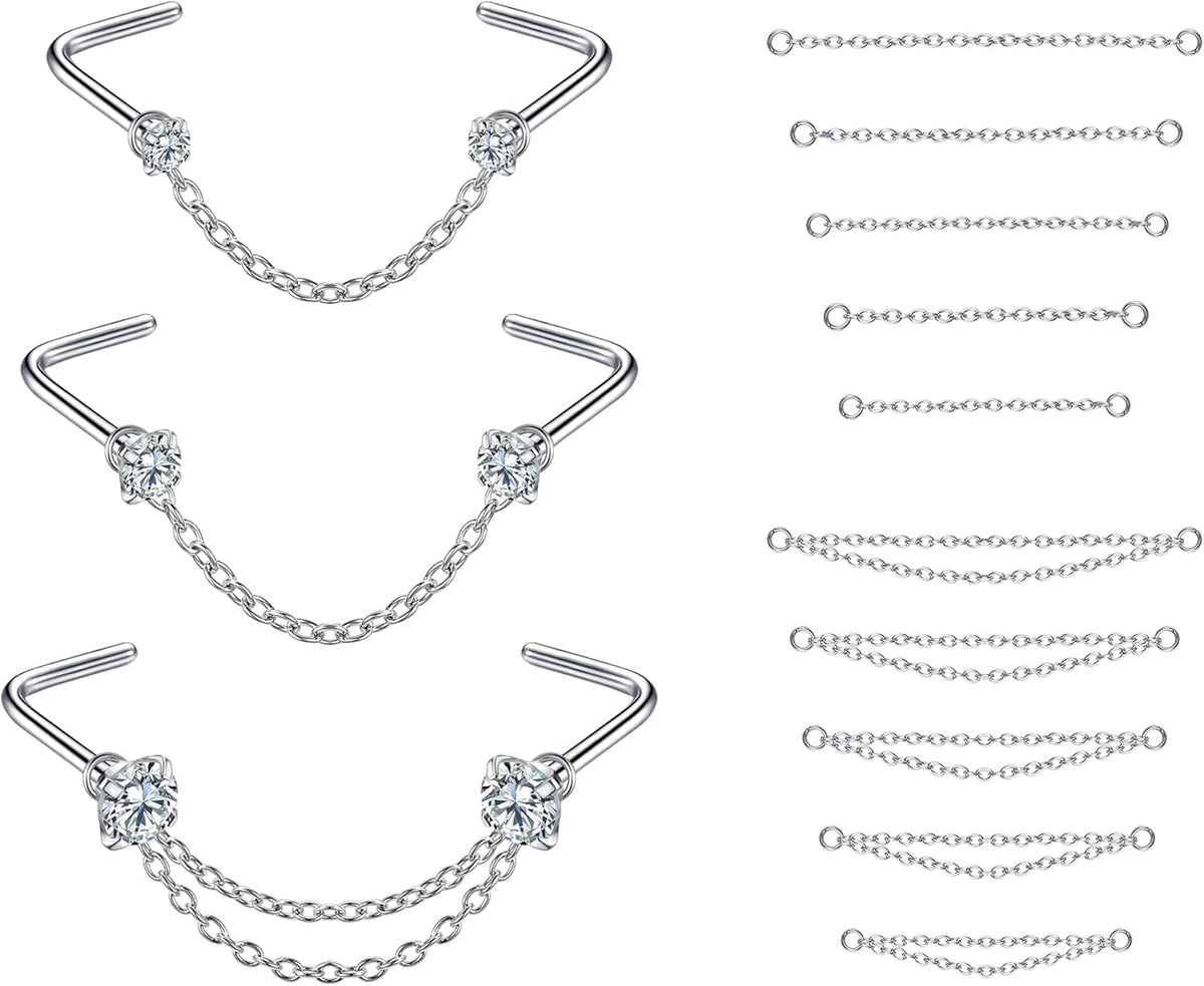 CZ Studs with Chain Surgical Steel Nose Piercing Jewelry - QIAO CrystalQIAO CrystalQIAO Crystal