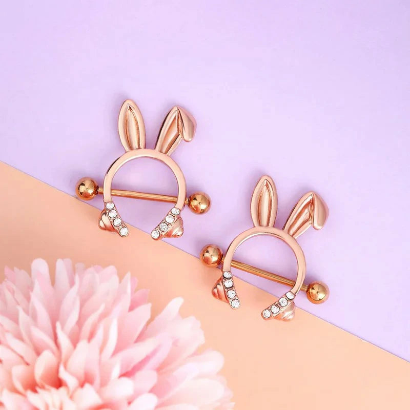 Dainty Rabbit Nipple Rings 14G Rosy Bunny Ear Clear CZ Nipple Piercing Barbell Surgical Steel