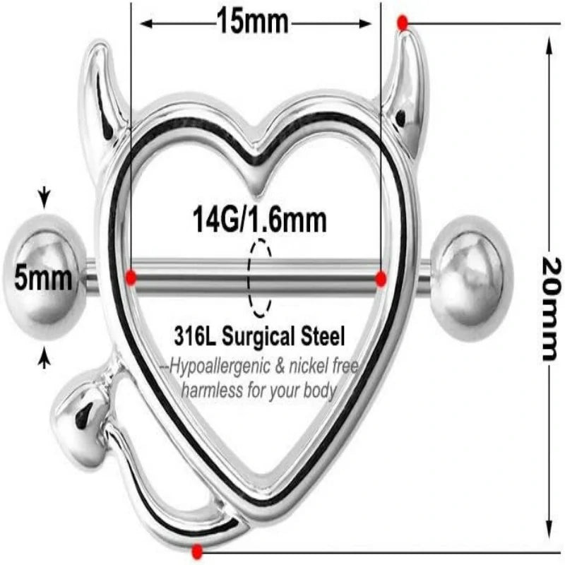 Devil Heart Nipple Rings - Surgical Steel Piercing Barbell Shield Cover Hoops