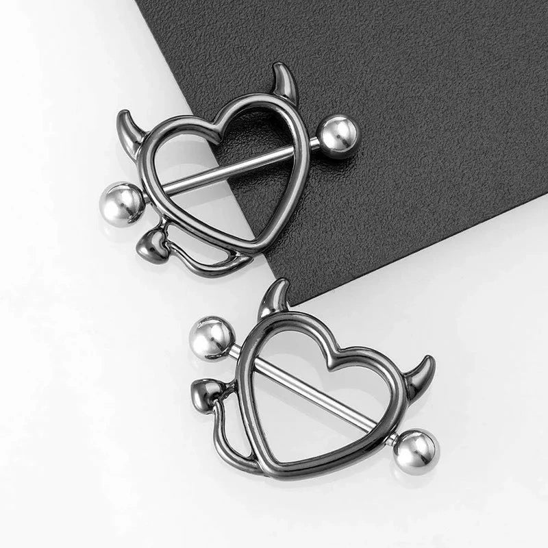 Devil Heart Nipple Rings - Surgical Steel Piercing Barbell Shield Cover Hoops