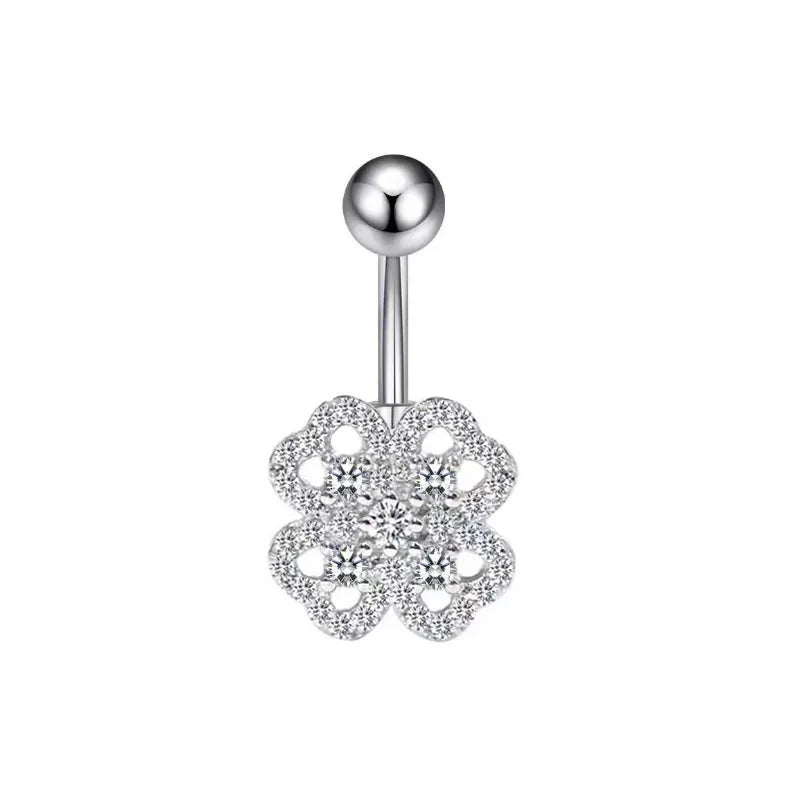 European and American fashion 1.6mm thick stainless steel rod double diamond heart - shaped head inlaid with zircon navel piercing jewelry - QIAO CrystalQIAO CrystalQIAO Crystal